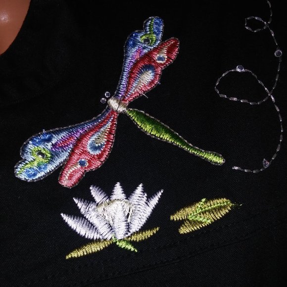 Quacker Factory Jacket Womens Large Black Embroidered Colorful Dragonfly Long Sl - Picture 6 of 16